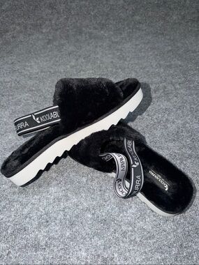 Koolaburra By Ugg Black Faux Fur Slide Sandals with Branded Elastic Strap